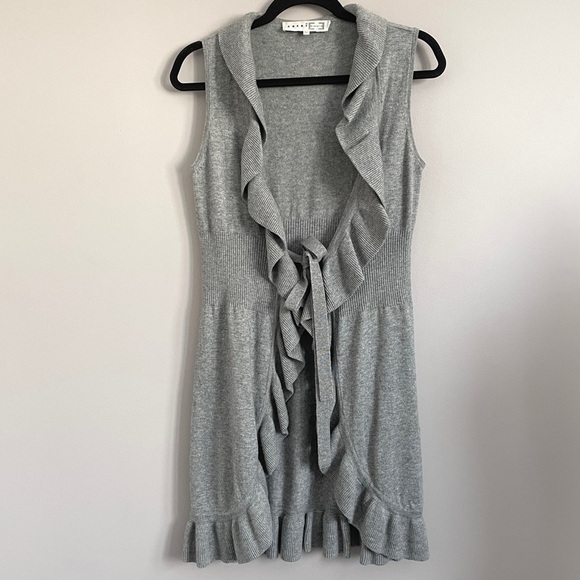 Gray Wool Blend Duster Knee Length Long Ruffle Tie Vest - S/M - Picture 8 of 10